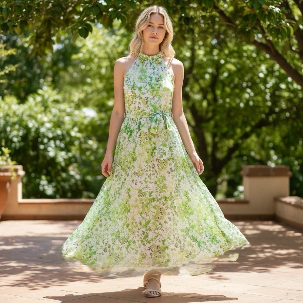 DKNY Women's Summer Midi Dress Sz 6 Floral Keyhole Tie-Waist Halter Chiffon $134